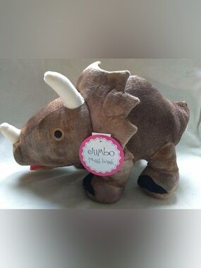 Jumbo Large Plush Brown Dinosaur Triceratops Piggy Bank 16 Inches Long by FAB NY